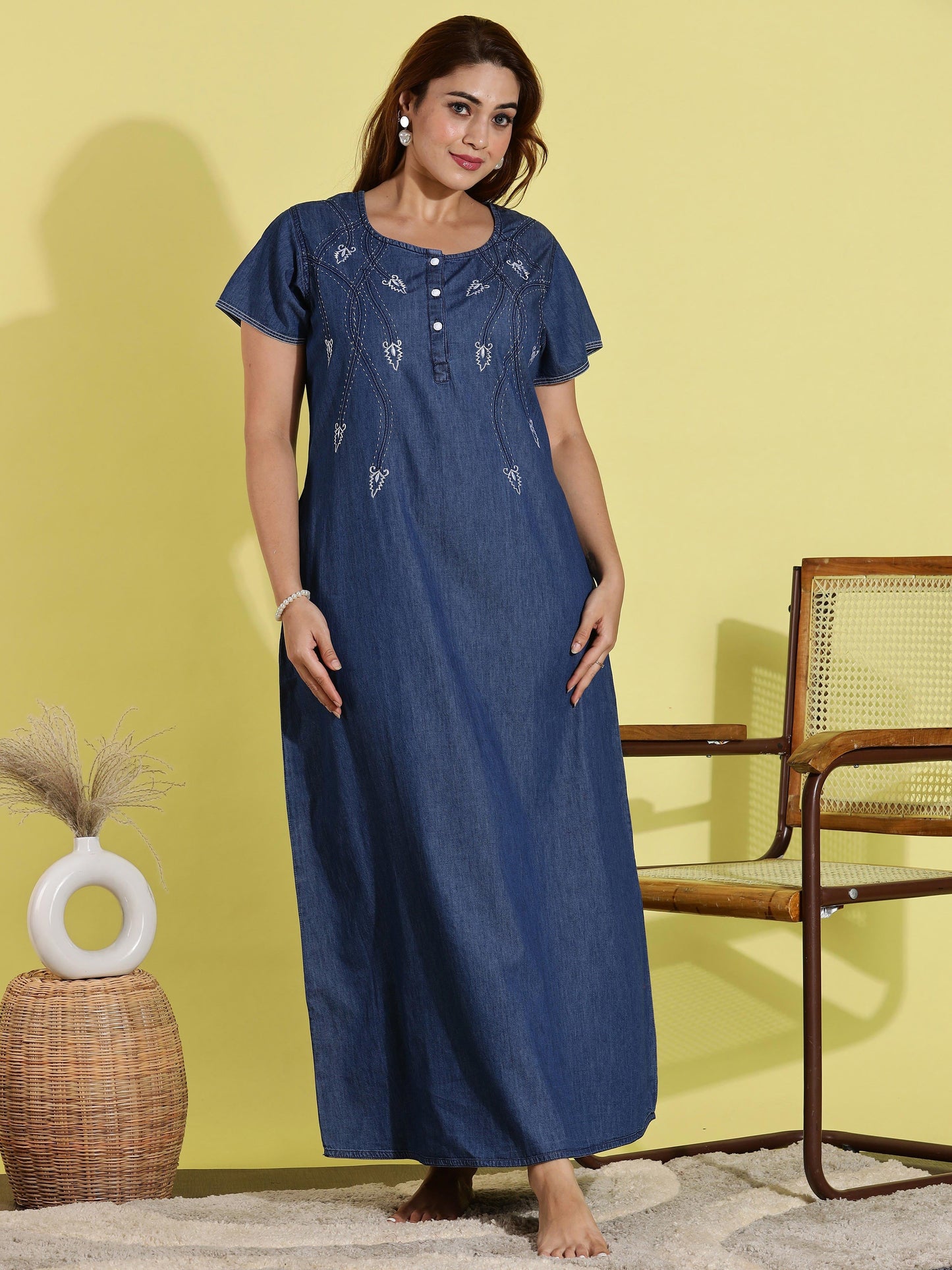 Dark Blue Denim Nighty with Elegant Embroidery and Easy Closure