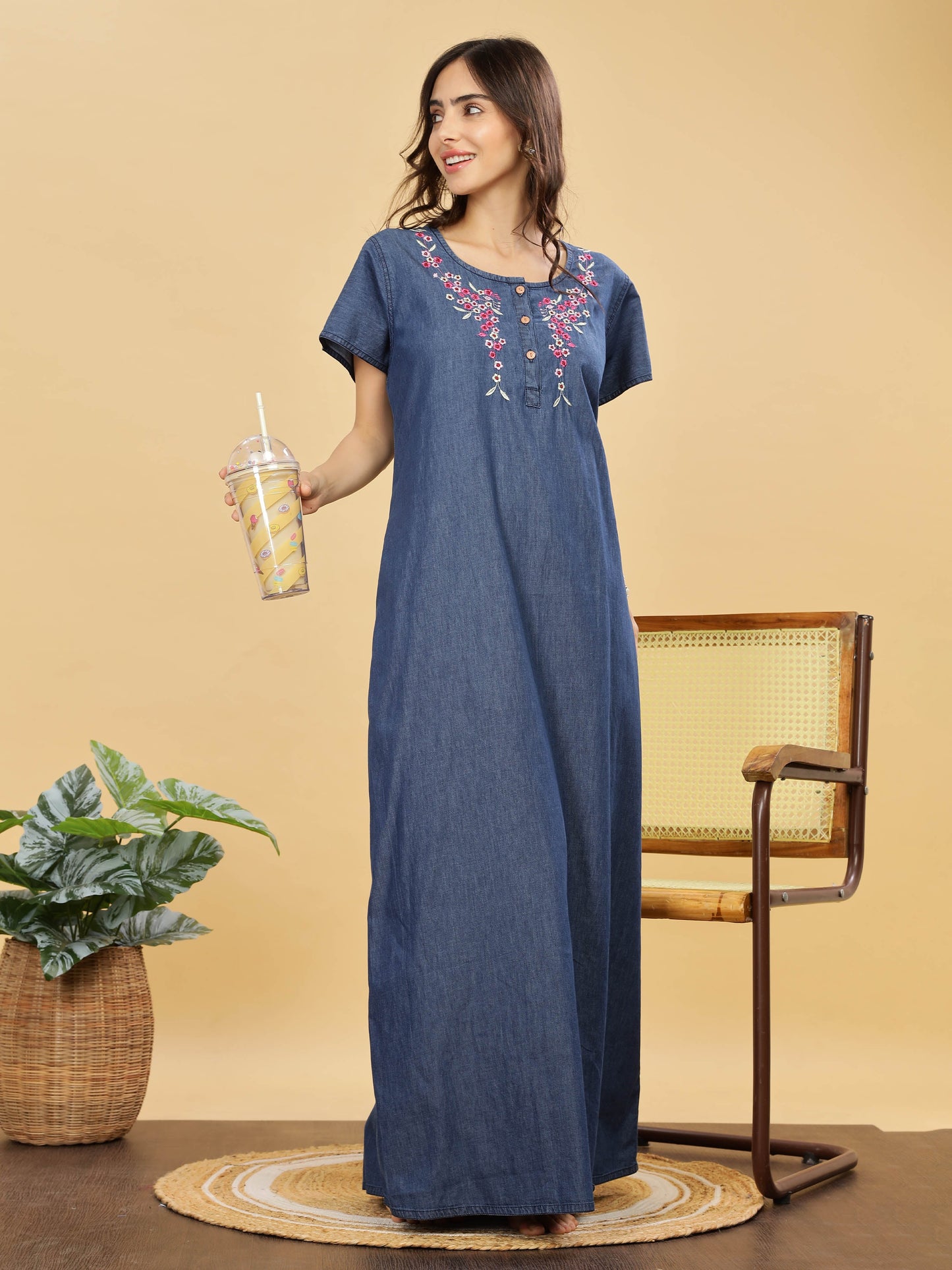 Soft Denim Blue Nighty with Pink Floral Embroidery Maxi Length