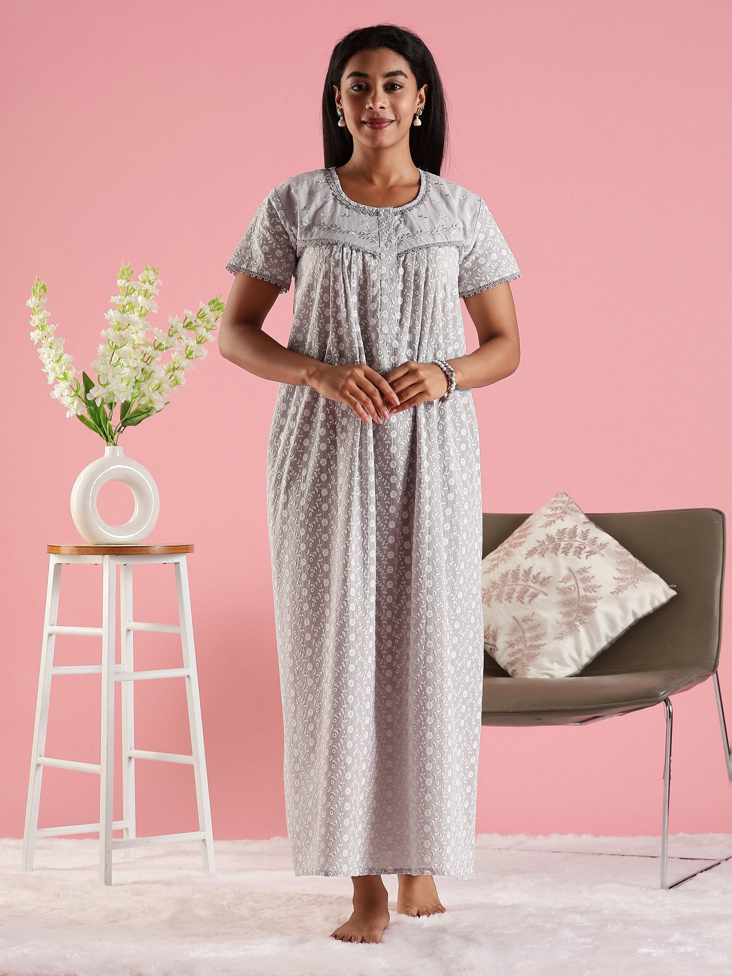 Soft Grey Cotton Chikankari Nighty for Women with Front Open Buttons