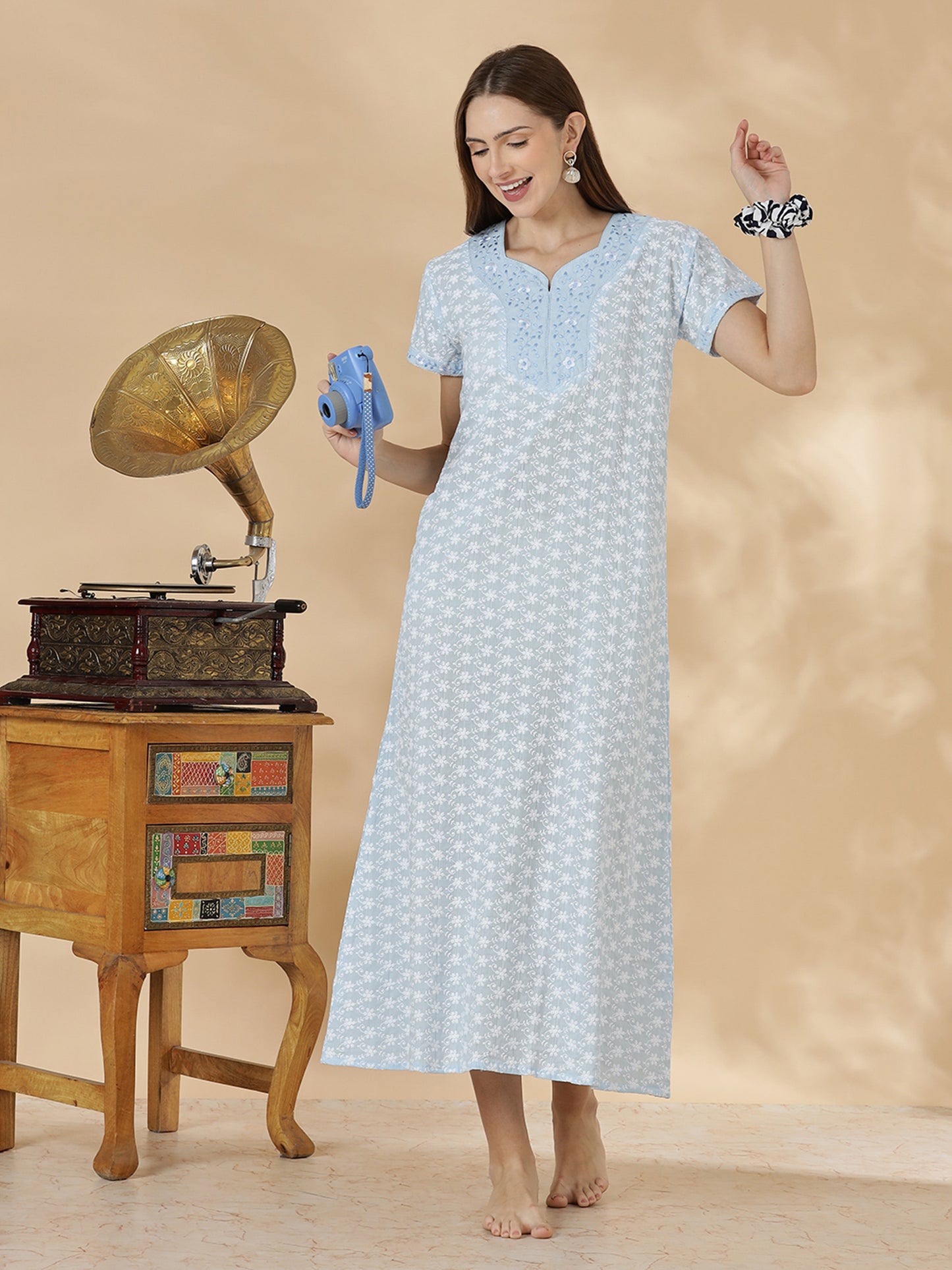 Pure Cotton Chikankari A Line Nighty with Floral Embroidery