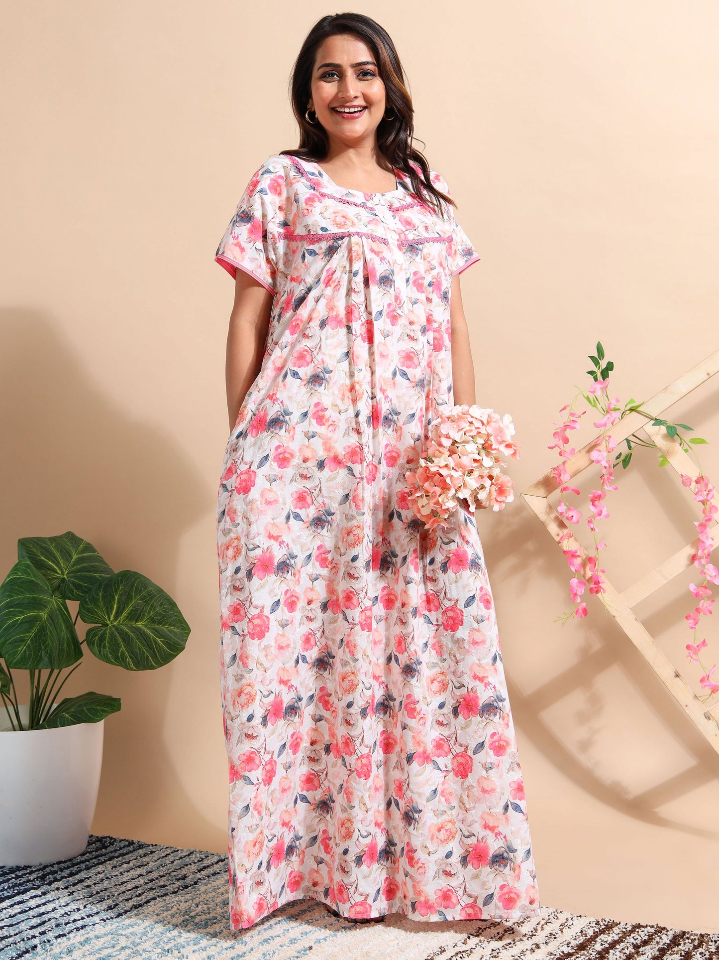 Cotton Chikankari Red Floral Nighty with Lace and Pocket