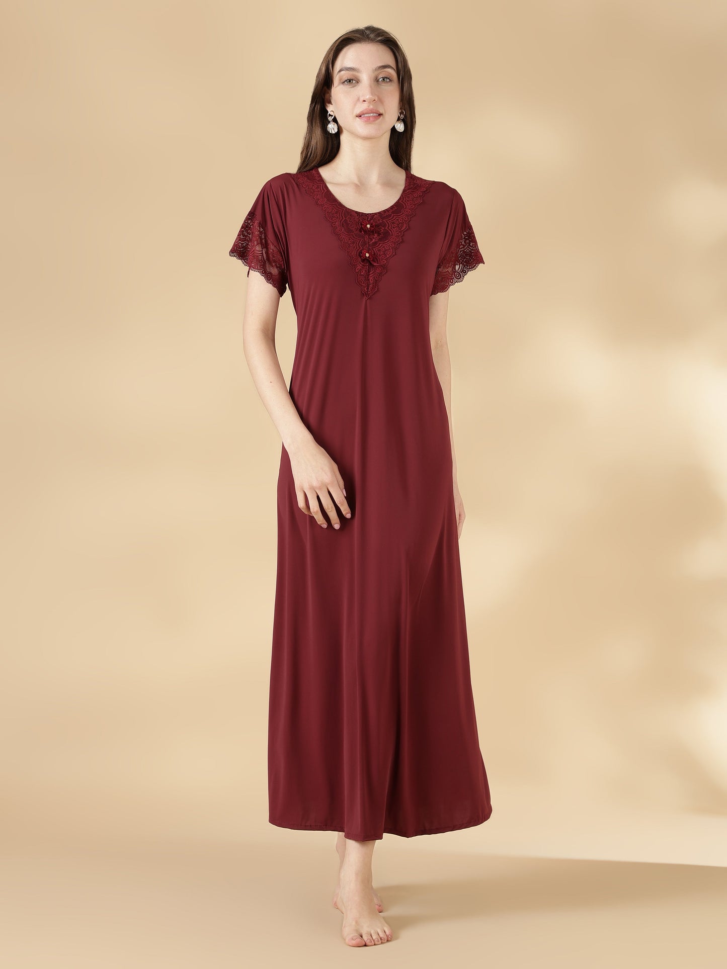 Malai A Line Nighty Dresss for Women with Lace Neck Cocoa