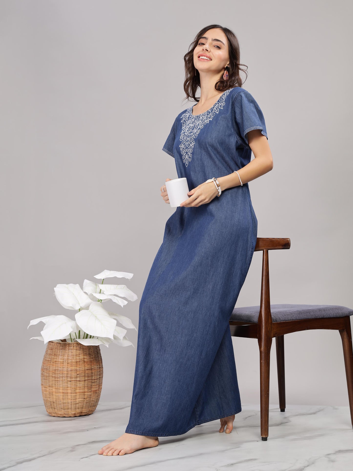Denim Blue Embrace Embroidered Nighty - Luxurious Cotton Comfort