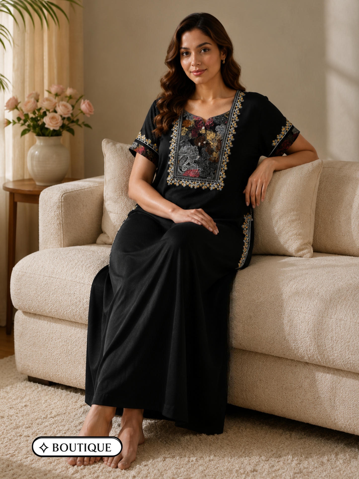 Regal Black Alpine Designer Nighty for Women with Embroidered A Line Fit