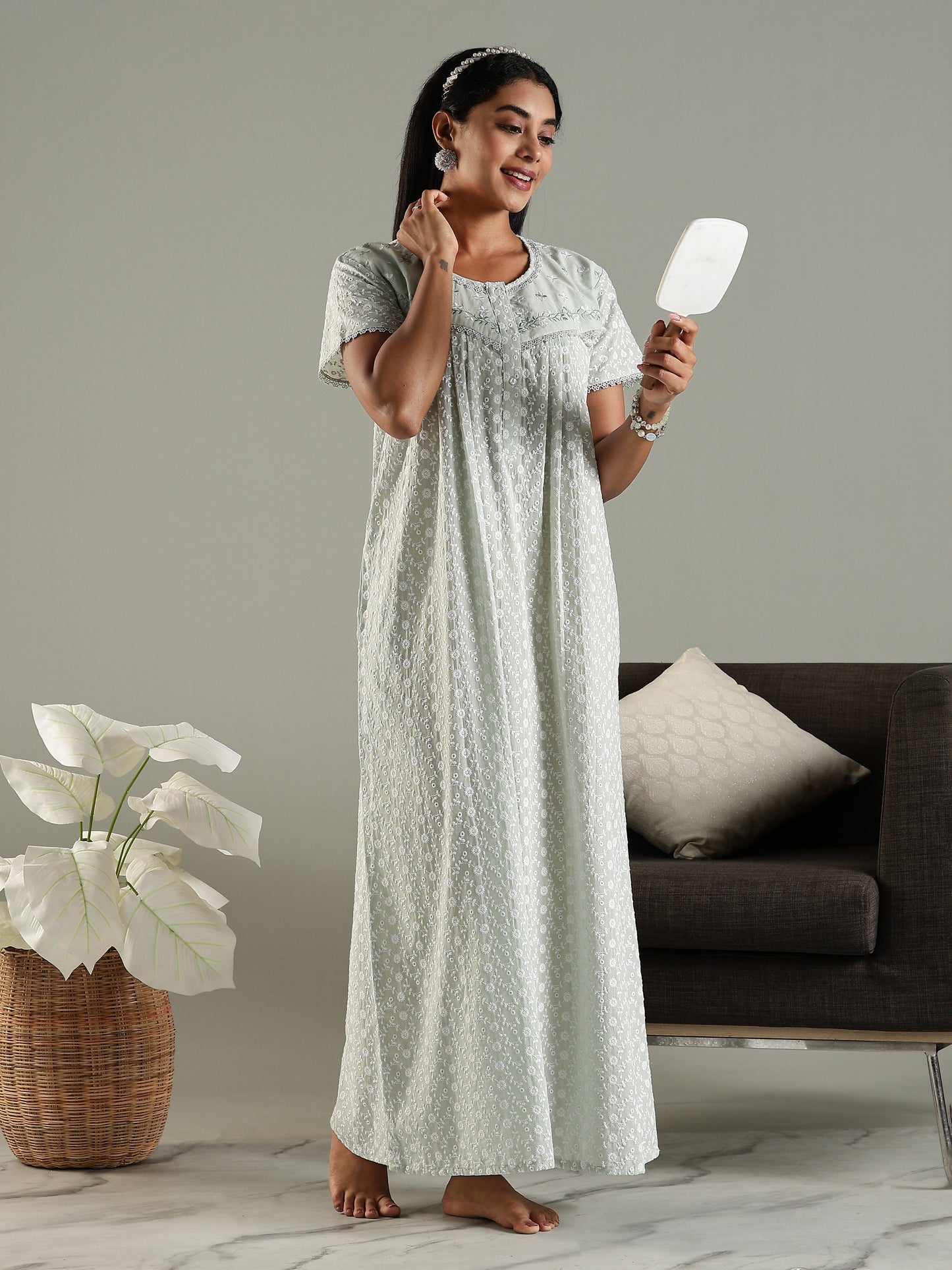 Soft and Elegant Pastel Green Pure Cotton Chikankari Nighty for Women