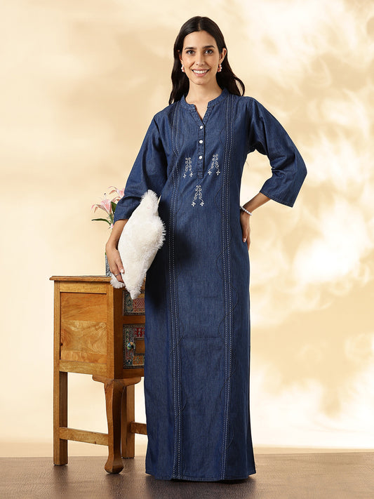 Deep Blue Denim Feel Cotton Nighty For Women with Embroidery and Pocket
