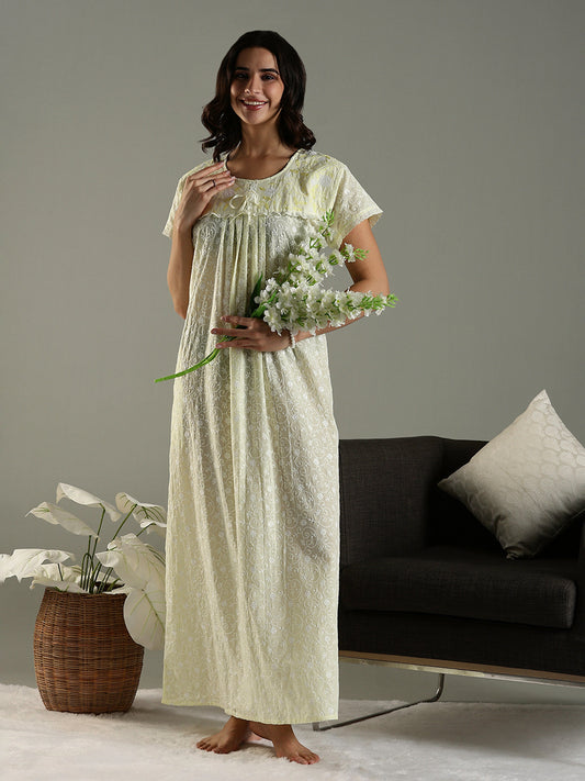 Lemon Zest Pure Cotton Chikankari Nighty with Lace Trim and Pocket