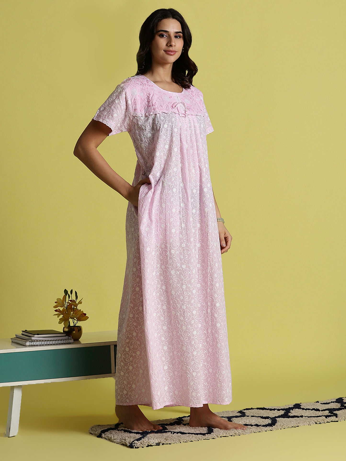 Powder Rose Cotton Chikankari Nighty For Women with Pleats and Side Pocket