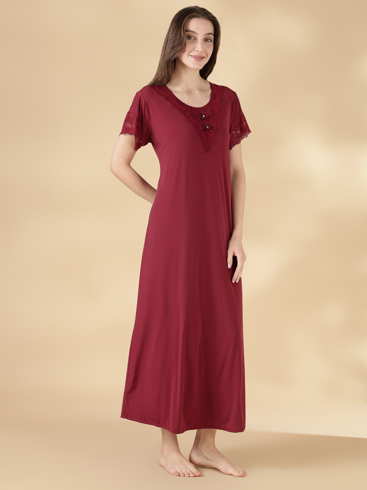 Malai A Line Nighty for Women with Lace Neck Burgundy