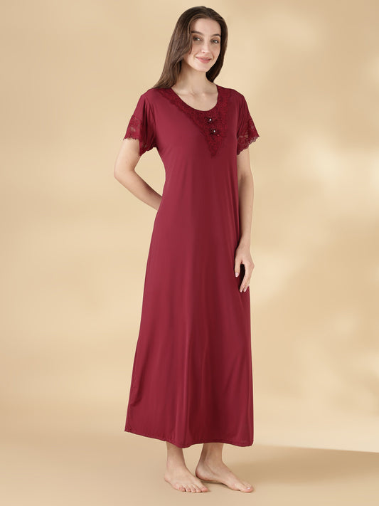 Malai A Line Nighty for Women with Lace Neck Burgundy