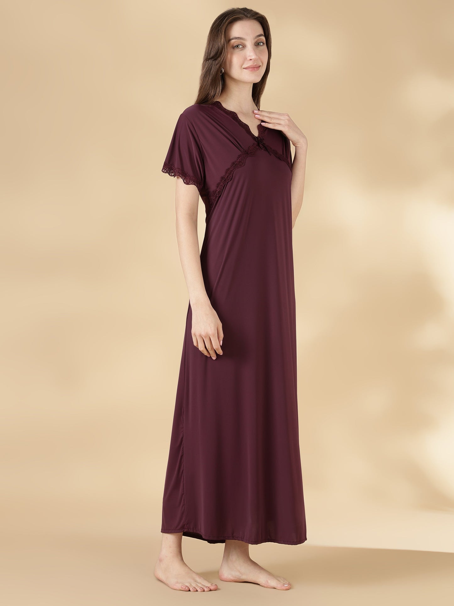 Malai A Line Designer Nighty in Dark Purple with Lace Detailing