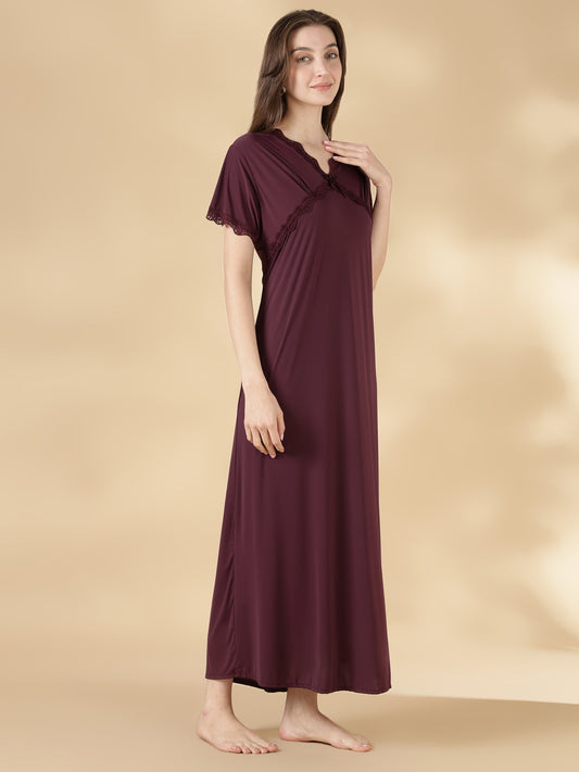 Malai A Line Designer Nighty in Dark Purple with Lace Detailing