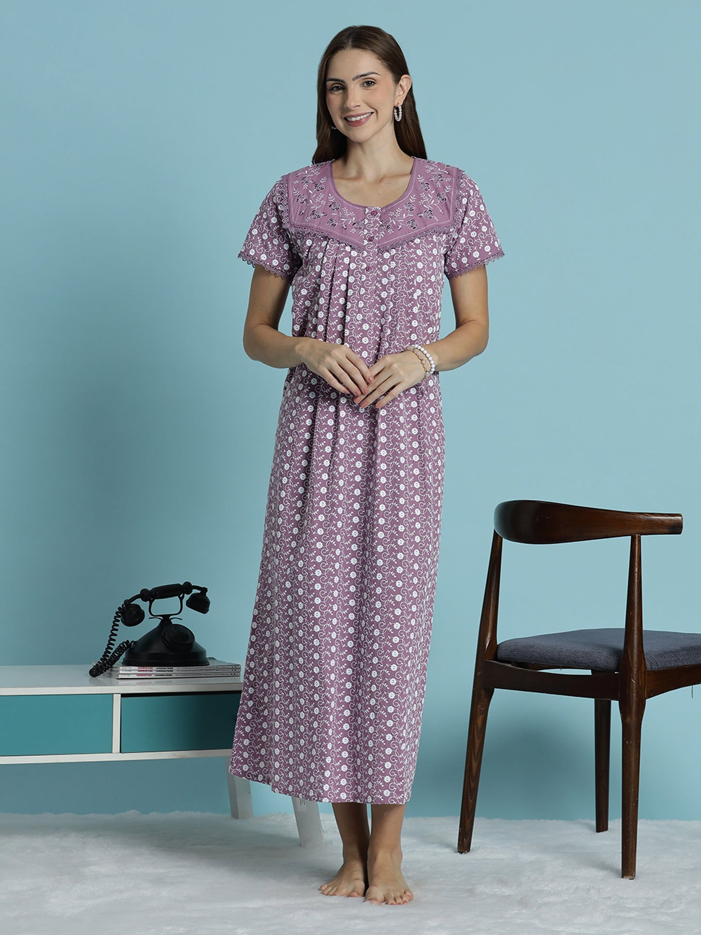 Pure Cotton Mauve Floral Chikankari Nighty with Pleated Fit