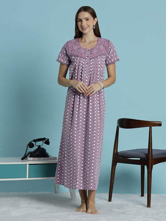 Pure Cotton Mauve Floral Chikankari Nighty with Pleated Fit
