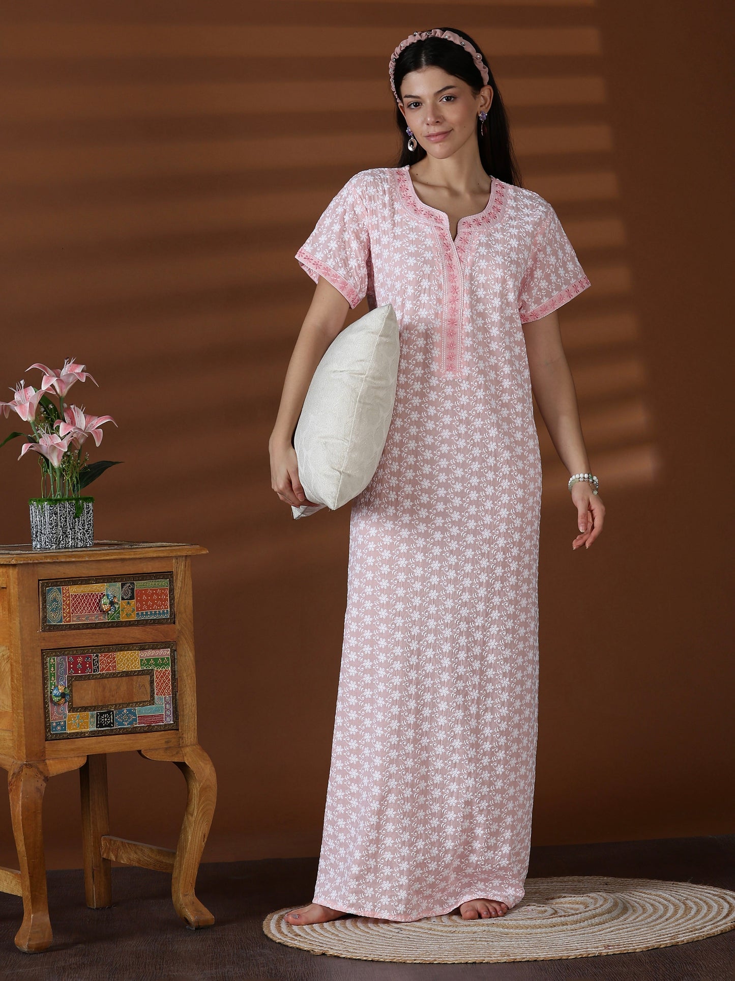 Peach Chikankari Cotton Nighty for Women Soft Floral work