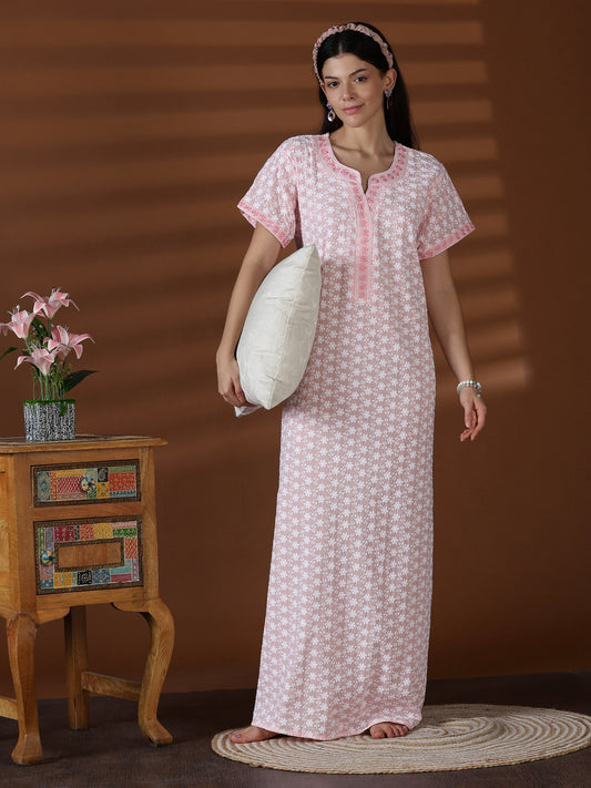 Peach Chikankari Cotton Nighty for Women Soft Floral work